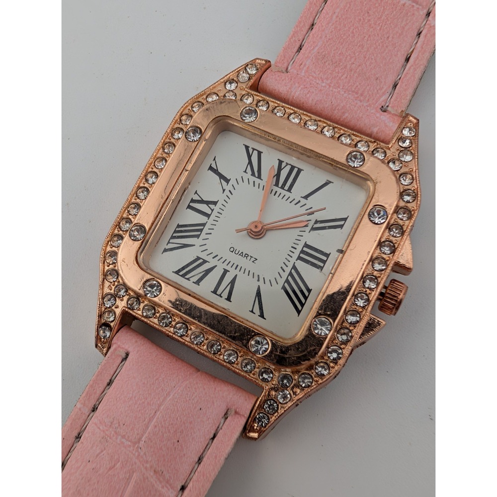 Women's Quartz Watch 32mm Rose Gold Case Rhinestones Pink Band- New Battery